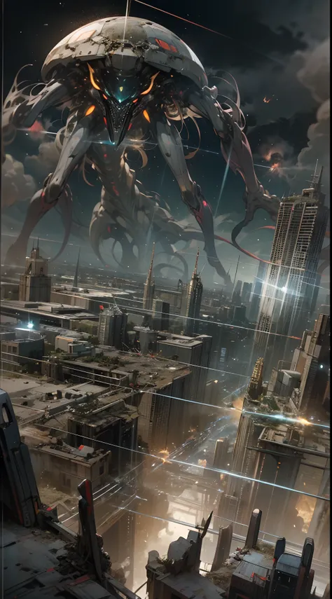 War of the Worlds，Countless fighters，Cockpit perspective，planetes，in fighting，close battle，Crisis，Nervousness，explosions，tragedy，droid，Masterpiece，high-detail，perfect-composition，the golden ratio, Epic invasion scene of giant alien monsters, equipped with ...