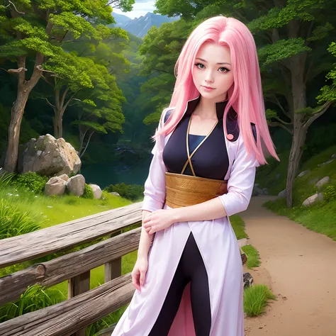 Fantasy artwork of a girl character in Genshin Impacts scenic landscape: a beautiful scene featuring a girl with long pink hair, standing in a wide field. She wears shorts and an open white jacket, with red eyes and a light smile. The landscape includes a ...