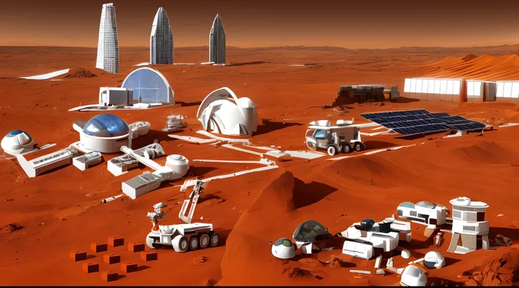 Mars base construction，There are high-rise buildings and ultra-modern houses，There are neatly arranged solar panels harnessing solar energy，There are huge 3D printers printing bricks in the form of red Lego bricks，There are transporters transporting bricks