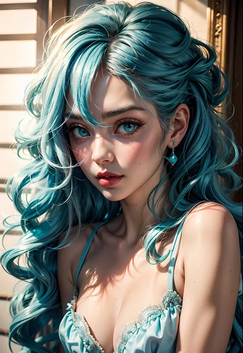 Light blue hair, turquoise eyes, long eyelashes, big red lips, apricot eyes, beauty, girly, curly hair, princess