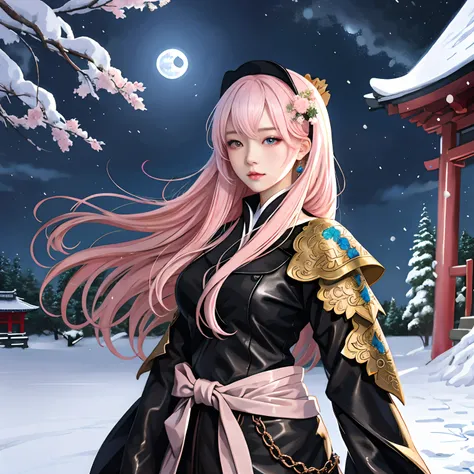 Inspired by Yuumei，Digital anime art，Girl with pale pink hair looking at the camera，wearing leather armor，Japanese shrine costumes，（A half body：1.5），（There was a huge white wolf beside the girl：2)，under moonlight，snowfield，Inspired by Yuumei，Digital anime ...