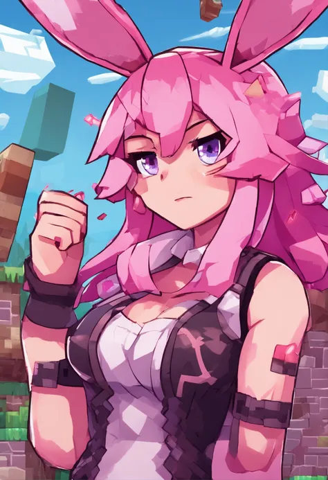 Cute sexy girl, Pink hair, A bunny girl, Ultra photo realsisim, Detailed lighting, anime big breast, Possessed  ,gigantic cleavage breasts,strong muscle