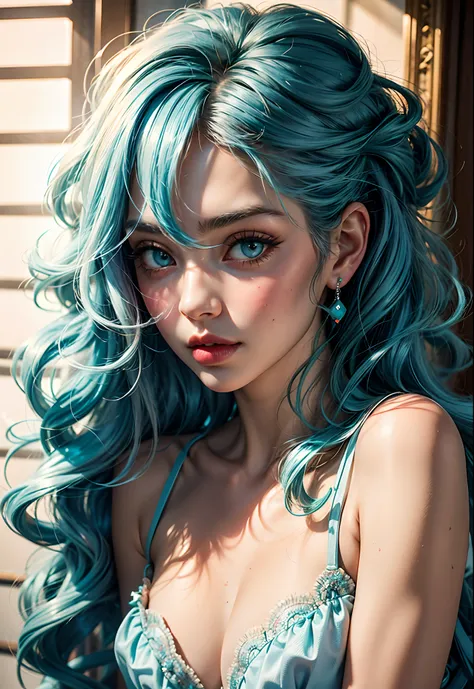 Light blue hair, turquoise eyes, long eyelashes, big red lips, apricot eyes, beauty, girly, curly hair, princess