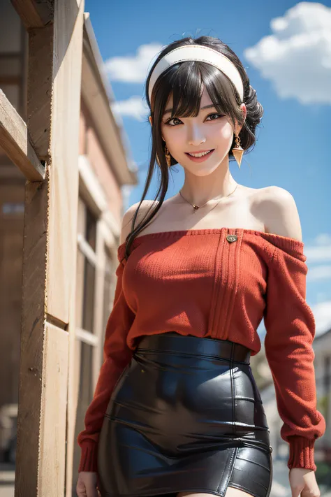 masutepiece, Best Quality, hight resolution, Bjorf, short hair with long locks, white hairband, Red Eyes, Gold Earrings, Large breasts, Jewelry, off shoulders, Red Sweater, sweater dress, Long sleeves, Black pantyhose, Outdoors, standing cowboy shot, Smile