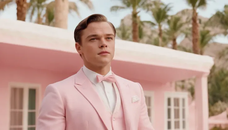 8k of Leonardo Di Caprio wearing extravagant retro fashion outfit in a 1960s science fiction film by Wes Anderson, Vogue anos 1960, pink pastel colors, amarelo, azul, verde, Luz Natural, Psicodelia, futurista estranho, fotorrealista, hiper detalhado, foco ...