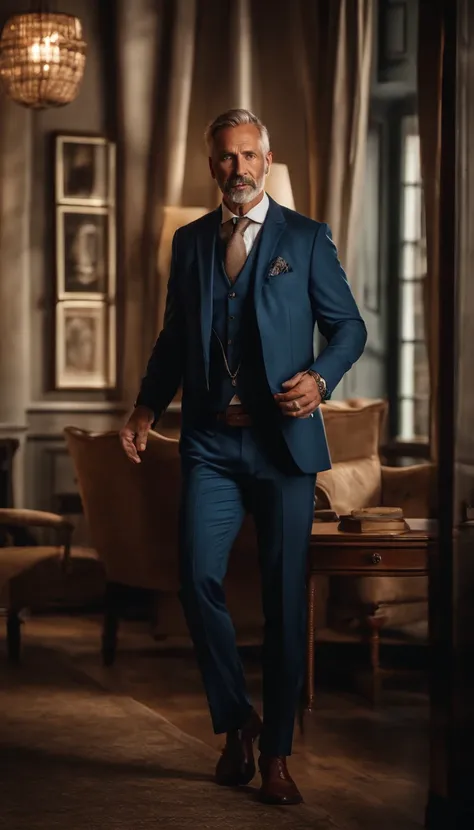 COACH DE NEGOCIOS ONLINE 60 YEARS OLD, masculino, de mucha experiencia, musculoso, robusto y acuerpado, una persona muy sabia y astuta, posing completely in front of the camera and full body shot, vistiendo con ropa elegante, TRAJE ENTERO, perfectamente aj...