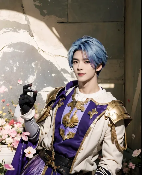 masterpiece, best quality,kamisato ayato, 1boy, japanese armor, male focus, armor, gloves, black gloves, shoulder armor, tassel, solo, mole, purple eyes, bangs, japanese clothes, blue hair, mole under mouth, sode, smile, gold trim, petals, upper body, real...