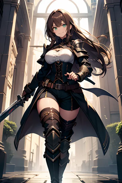 green eyes, brown hair, smile, confident, shoulder length hair, dual wielding greatsword, breasts, black corset, black coat, brown short pants, black armored boots,