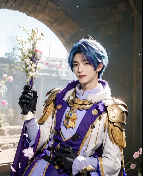 masterpiece, best quality,kamisato ayato, 1boy, japanese armor, male focus, armor, gloves, black gloves, shoulder armor, tassel, solo, mole, purple eyes, bangs, japanese clothes, blue hair, mole under mouth, sode, smile, gold trim, petals, upper body, real...