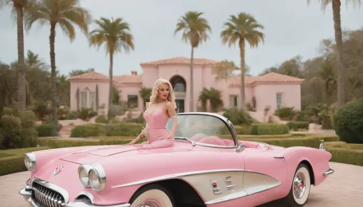 8k, palm trees, mansion, doll house style, corvette 1956 pink, Leonardo Di Caprio wearing extravagant retro fashion outfit in a 1960s science fiction film by Wes Anderson, Vogue anos 1960, pink pastel colors, amarelo, azul, verde, Luz Natural, Psicodelia, ...