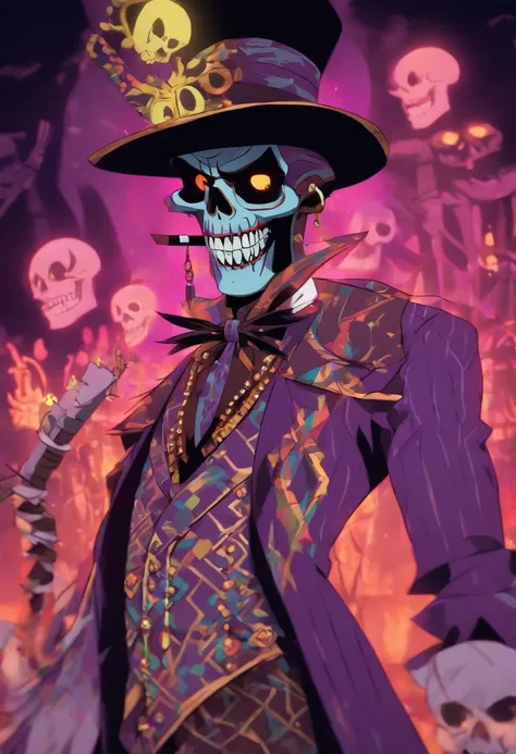 (((BARON SAMEDI))) best quality, ultra-high resolution, 4K detailed CG, masterpiece, Baron Samedi,man, African clothing, voodoo mythology, ((Loa Voodoo)), African image, aesthetic, centric screen, full body