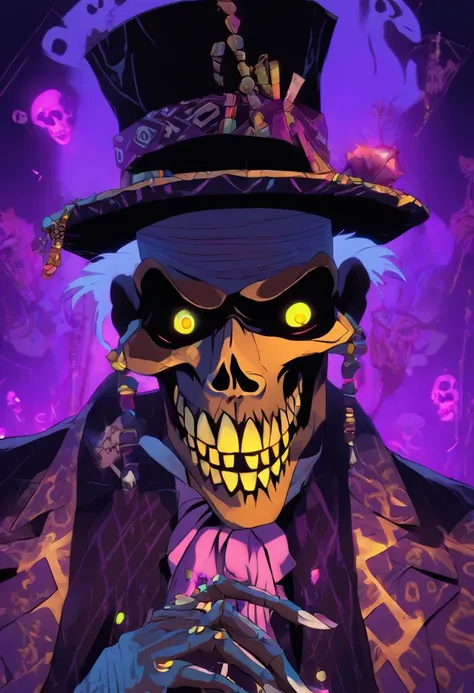 (((BARON SAMEDI))) best quality, ultra-high resolution, 4K detailed CG, masterpiece, Baron Samedi,man, African clothing, voodoo mythology, ((Loa Voodoo)), African image, aesthetic, centric screen, full body