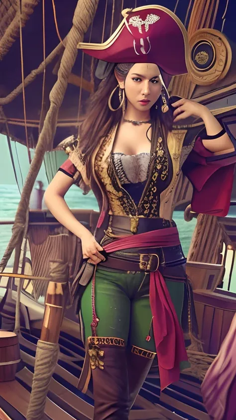 (​masterpiece、4K,8K,)There are female pirates in the Caribbean、Female pirate standing on the deck of a pirate ship、Pirate Costume、Wear an eye patch over one eye、sexy body type、Breast size:1.2,The background is the deck of a pirate ship、