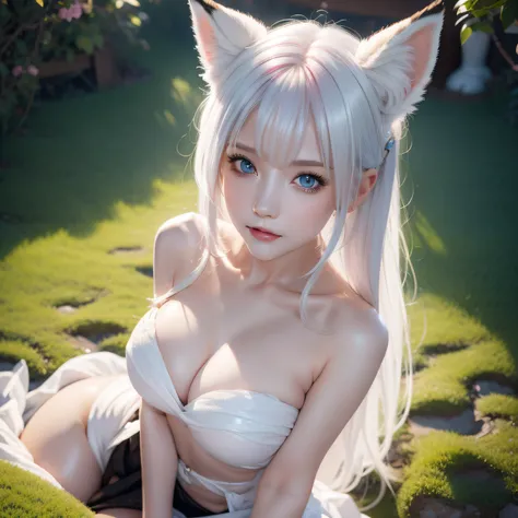 Full body, (Naked:1.5), Two Miss Fox Demons，Fox Devil Fox Years White Hair Girl，Sexy and feminine，Fluffy fox ears，fox tails，No ears，reddish tones，The beauty of fox ears alone，Cover chest，Clan Girl，Foxs eye，Enchanted，Charming，16 K， best qualtiy， tmasterpiec...