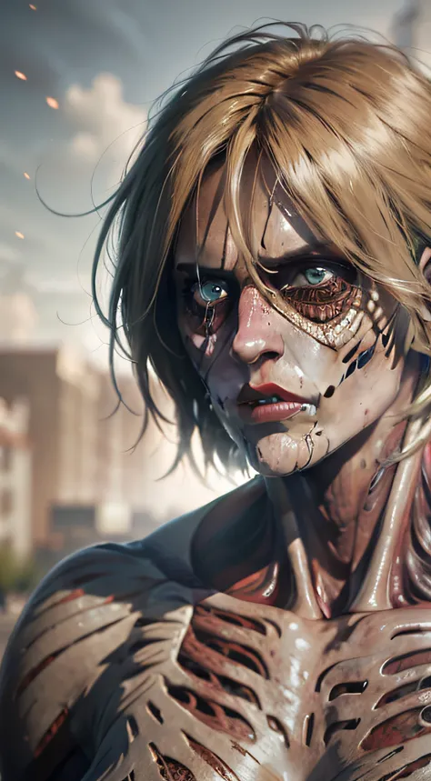 Attack on titan Annie, post apocalytic, female titan, bokeh, UHD, side lighting, ultra realistic, ray tracing, whole body, crashing, super mad, mad female titan, apocalyps, realistic titan,