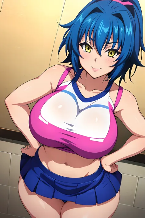 Highschool dxd, Xenovia, 1girl, (((bimbo))), short blue hair, yellow eyes, puffy lips, painted lips, thick lips, wide hips, thick thighs, huge ass, erotic Smile face, bubble butt, camel toe, Breasts, skirt, school cheerleader, hand signs