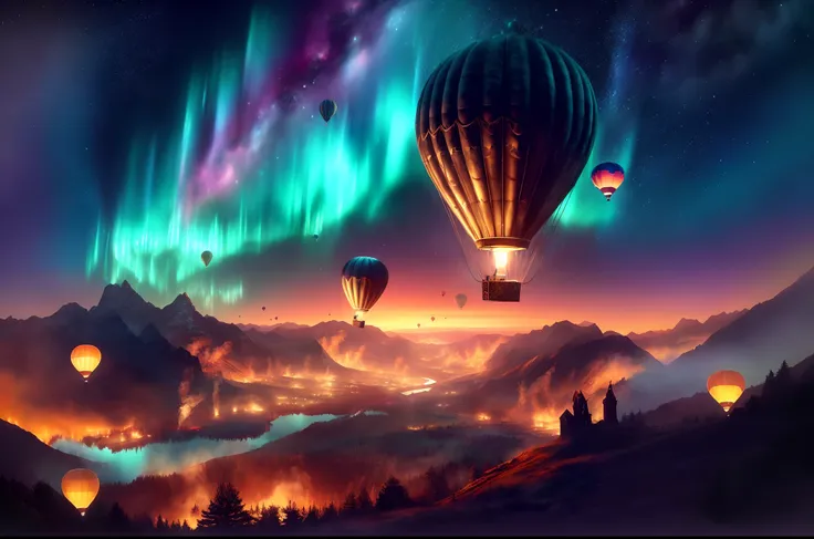 a group of hot air balloons flying over a mountain under a colorful sky, 8k stunning artwork, magical colors and atmosphere, beautiful art uhd 4 k, magical colours and atmosphere, beeple colors, epic surrealism 8k oil painting, 4k highly detailed digital a...