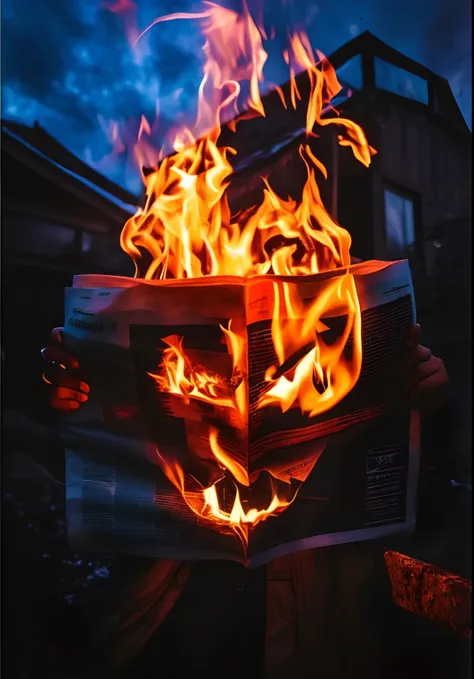 a person holding a newspaper with a fire burning in it, all face covered with a fire, profile picture, fires!! hyperrealistic, by Emma Andijewska, burning in hell, by Niko Henrichon, edited, by Jakob Gauermann, by Daniel Lieske, newspaper photography, fire...