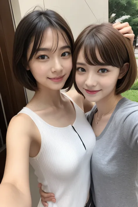 Take a selfie with your phone、beautiful a girl、White sleeveless、Shorthair、flank