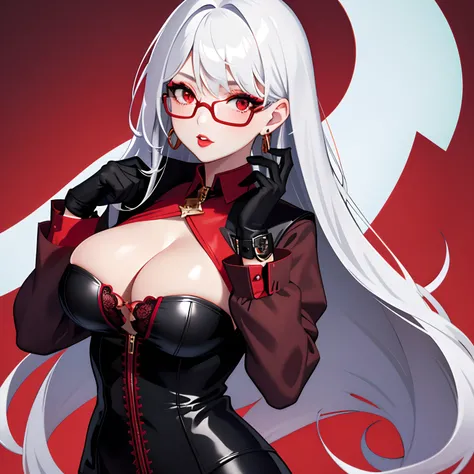 1girl in, adjusting clothes, bad-girl, Black Gloves, cleavage, earrings, Glasses, gloves, Jewelry, Lace, Lace trim, Large breasts, Lips, Long hair, Looking at Viewer, makeup, Parted lips, Red background, Red Eyes, Red lips, Round eyewear, Solo, Sunglasses,...