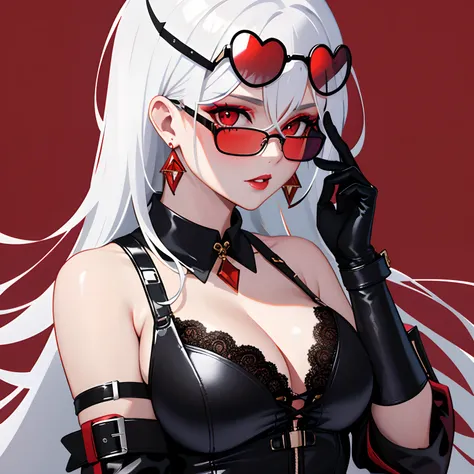 1girl in, adjusting clothes, bad-girl, Black Gloves, cleavage, earrings, Glasses, gloves, Jewelry, Lace, Lace trim, Large breasts, Lips, Long hair, Looking at Viewer, makeup, Parted lips, Red background, Red Eyes, Red lips, Round eyewear, Solo, Sunglasses,...