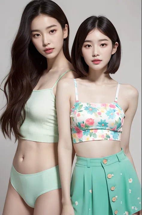 a woman in a floral crop top and mint skirt posing for a picture, croptop, crop top, bralette, wearing white camisole, bae suzy, wearing a camisole, physical : tinyest midriff ever, gorgeous young korean woman, heonhwa choe, cutecore, lulu chen, reluvy5213...