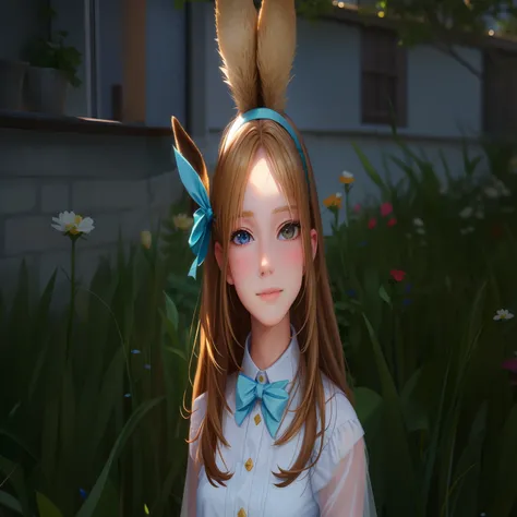 A cute blonde girl with rabbit hair is playing in an idyllic garden - Upscaled by @ropia (fast)