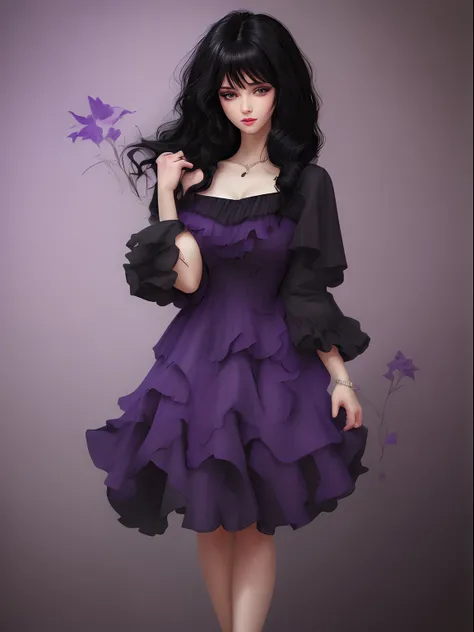 black hair, purple dress,