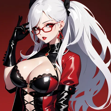 1girl in, adjusting clothes, bad-girl, Black Gloves, cleavage, earrings, Glasses, gloves, Jewelry, Lace, Lace trim, Large breasts, Lips, Long hair, Looking at Viewer, makeup, Parted lips, Red background, Red Eyes, Red lips, Round eyewear, Solo, Sunglasses,...