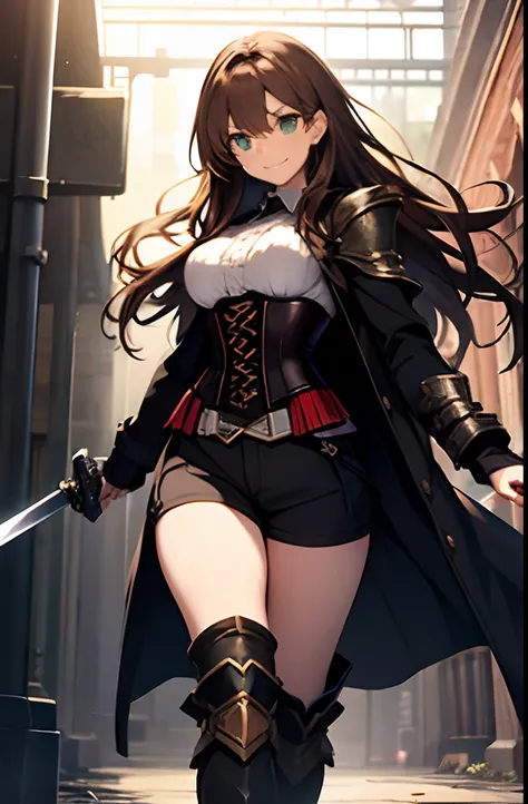 green eyes, brown hair, smile, confident, shoulder length hair, great sword, breasts, black corset, dark coat, brown short pants, black armored boots,