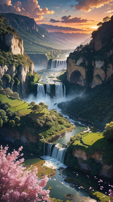 Huge valley，waterfallr，rios， [(White background:1.5)::5], Medium Shot Shot, butterflys,Petals floating in water,steins,Cloud,setting sun,Dusk