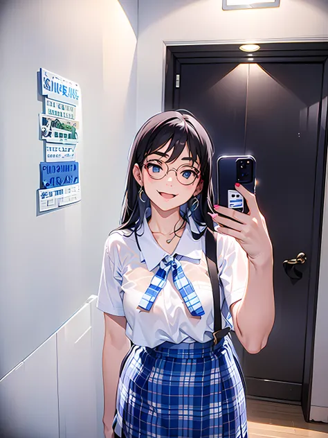 there is a woman in a school uniform taking a selfie, wearing white and blue school uniform, dressed as schoolgirl, white top, w...