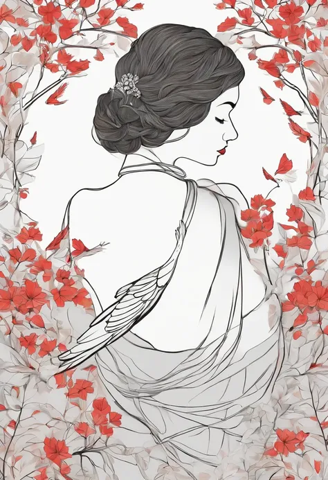 Red robin black and grey line art tattoo, placed on the shoulder of a woman, with delicate detail of leaves around the bird.