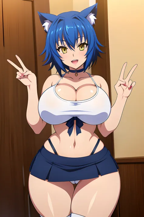 Highschool dxd, Xenovia, 1girl, (((bimbo))), short blue hair, yellow eyes, puffy lips, painted lips, thick lips, cat ears, wide hips, thick thighs, huge ass, erotic Smile face, open mouth, bubble butt, camel toe, Breasts, skirt, white top, posing, hand sig...