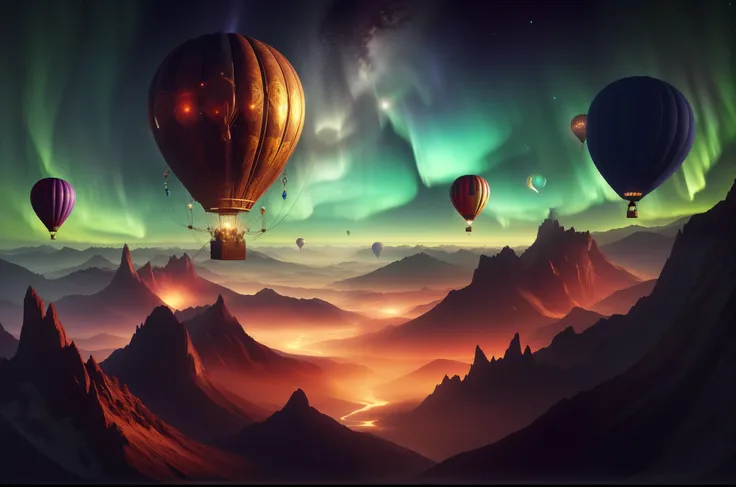 a group of hot air balloons flying over a mountain range, epic fantasy sci fi illustration, colorful of aurora, 4k highly detailed digital art, epic dreamlike fantasy landscape, magical colors and atmosphere, 8k stunning artwork, sci-fi fantasy wallpaper, ...