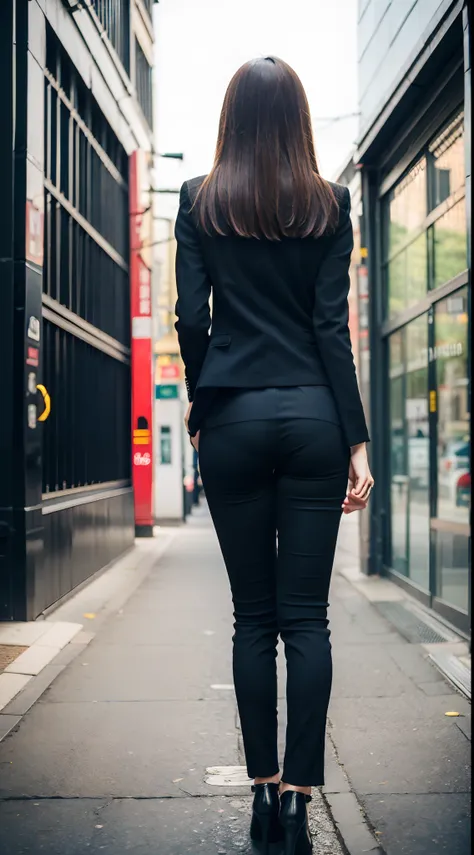 (Best quality, 8k, Masterpiece, realistic photo:1.3), 1girl, A pretty Japanese, (back view, from back), (panty line, from behind, tight pants), suit jacket, skinny pant suit, cowboy shot, (smile, looking at viewer:1.2), city street, big hips,