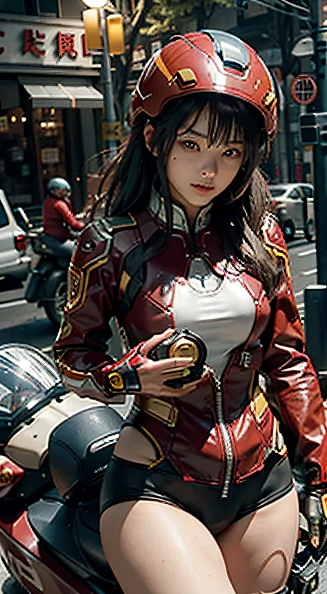 Highest image quality，Outstanding details，超高分辨率，（Fidelity：1.4），The best illustration，Favor the details，Highly cohesive 1girl，He has a delicate and beautiful face，Dressed in an Iron Man-style red and yellow mech，wearing a mech helmet，Hold the direction cont...