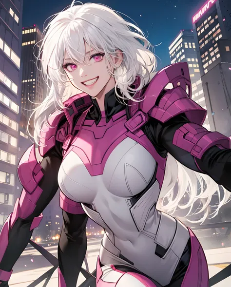 marvel comic panel, African American woman, white hair, hot pink eyes, sci-fi, hot pink armor, city, 80s hair, grin