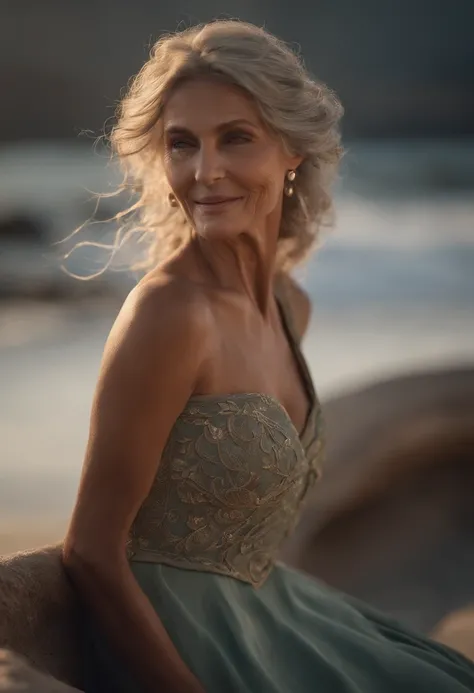 Cinematic soft lighting illuminates a beautiful, incredibly detailed and ultra-realistic Greek mannequin, un look de plage, long, breezy, messy dark blonde hair, des yeux verts clairs, un sourire parfait captivant, sensuel, A hot and very old woman aged 65...