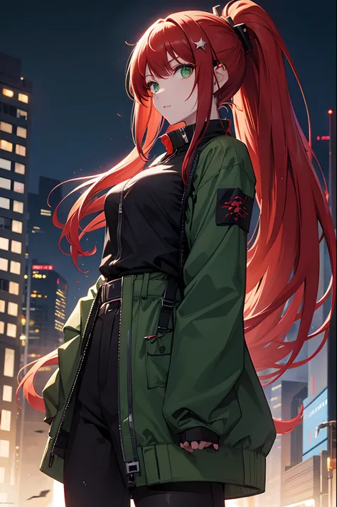 Anime, female, woman, long hair, red hair, ponytail, straight bangs, green eyes. Wearing hair accessories. Wearing a modern black jacket. On her shirt is the serial number Z-6. Wearing pants. Future theme. Sci-fi. Night city background. Cyber theme. Fantas...