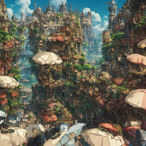 super detail, high details, high quality, 8k, miyazaki style, a steampunk-inspired city in the sky, cloud and diverse architectu...