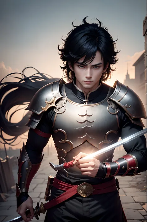 8K,Photorealsitic　Raw photography　top-quality;1.4) 　(1 Juvenile Attendant)　Super handsome use　(Lifelike face)　Shonen Demon Slayer　Black and red combat uniform　Black pants　Leggers Armor　Beautiful expression　超A high resolution　A smile　accurate detail　real lo...