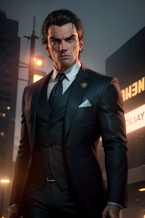 Create a gta 5 Style Image, exuding danger. In the foreground is a character in a formal suit, And the lighting from behind exudes fear.