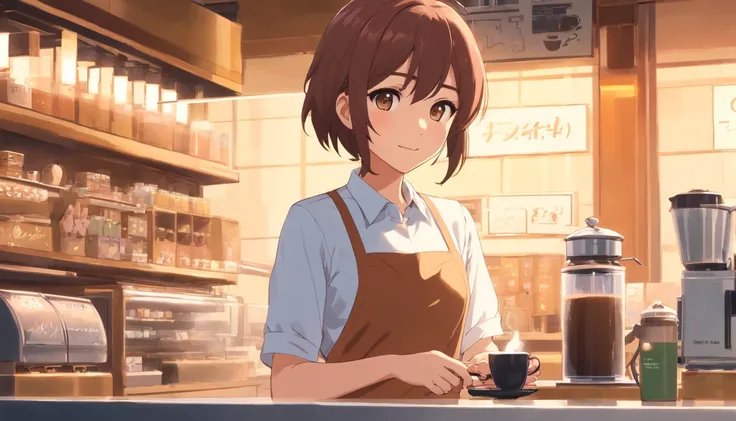 Uma bela jovem que trabalha de barista, Brewing coffee, sorridente, Behind a counter in a white blouse and brown apron, cabelos preso com um coque, Shes got a cup of coffee in her hand