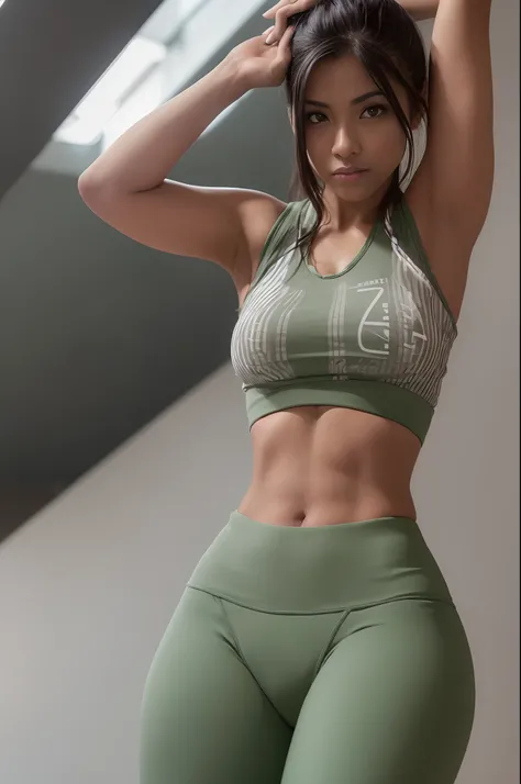 sfw, melhor qualidade, Ultra high resolution, rosto e olhos ultra detalhados, (foto realista: 1.4), 1 garota negra de 18 anos, ((gym background)), (yoga practice: 1.4), uniforme esportivo, de frente, (preto :branco:green yoga pants as lululemon:1.2), (cinz...