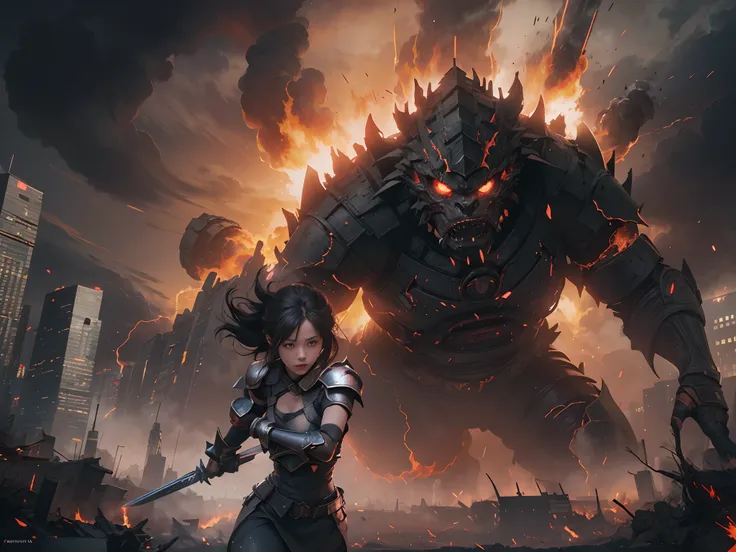 Photo of a female hero in shining armor, Fight giant monsters made of thick black smoke, Set in a cityscape with fiery buildings, Some collapsed, And the sky was filled with thick smoke. Stabbing the Monster