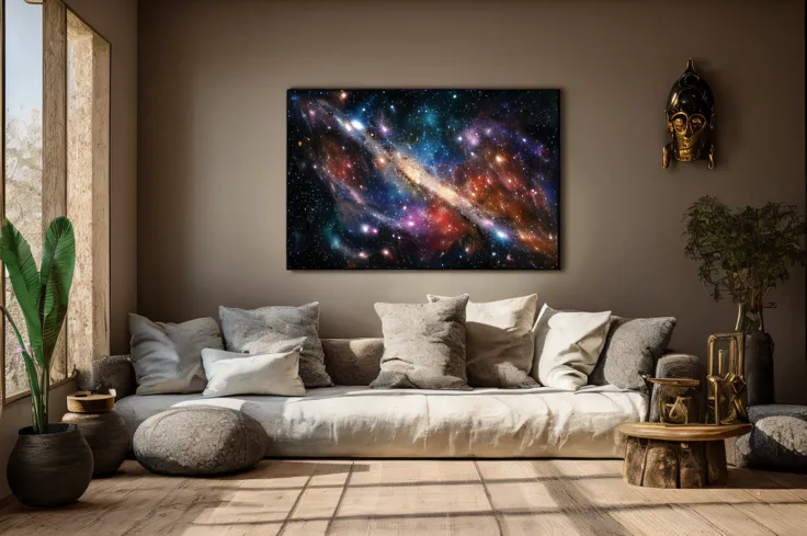 arafed view of a living room with a couch and a painting, beautiful space, galaxy, space art, endless cosmos in the background, in the universe.highly realistic, space galaxy, galaxy in the sky, universe in the background, galaxy in the background, realist...