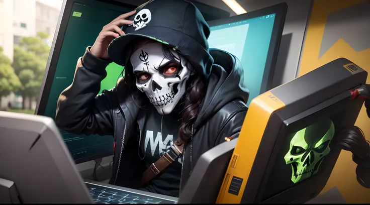 Um caveira hacker  usando uma coroa