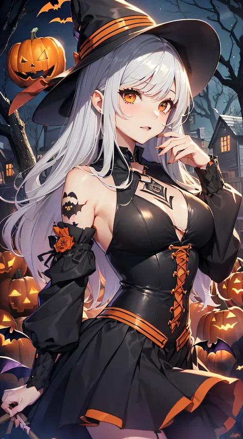 top-quality、Top image quality、​masterpiece、teens girl((18year old,Black Wizard Hat、Black and orange sexy clothes,Orange and black skirt、Orange muffler,Best Bust、Bust 85、Golden hair、Longhaire,silver eye、open chest wide、Valley、Happiness、A slender、Blood coati...