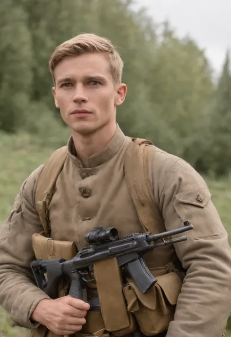 Un homme, French soldier, tenant son fusil, 2e guerre mondiale, teint clair, environ 25 ans, cheveux blonds naturels, Yeux verts, dans un village en feu, Realstic